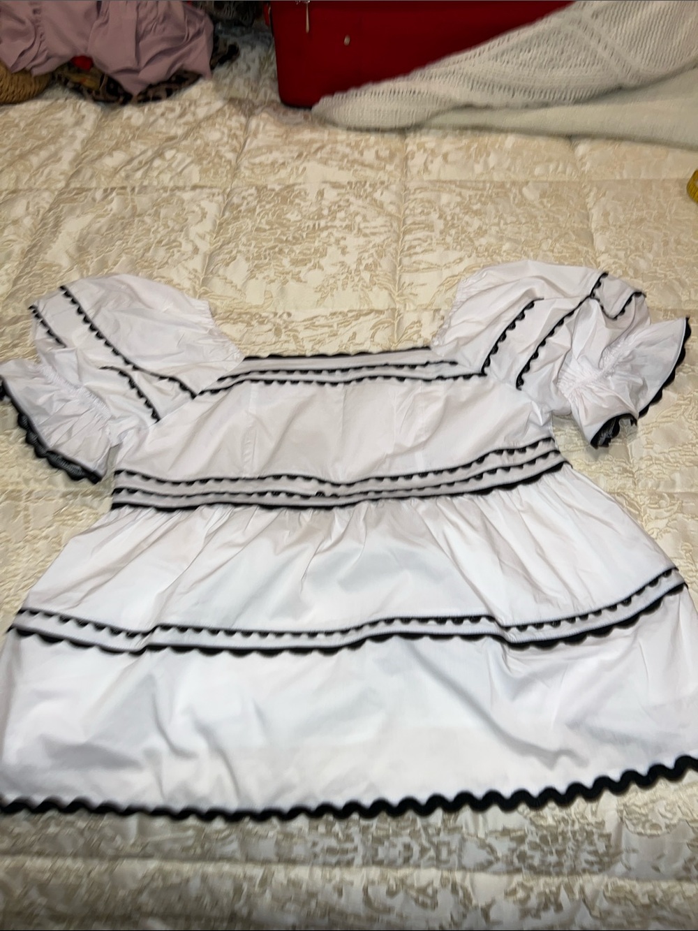 Chic Soul White Ruffle Peasant Top with Black Trim